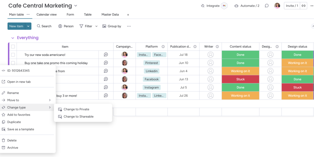 The prompt to change the board type from Main to Private or Shareable in one of the Client Boards.